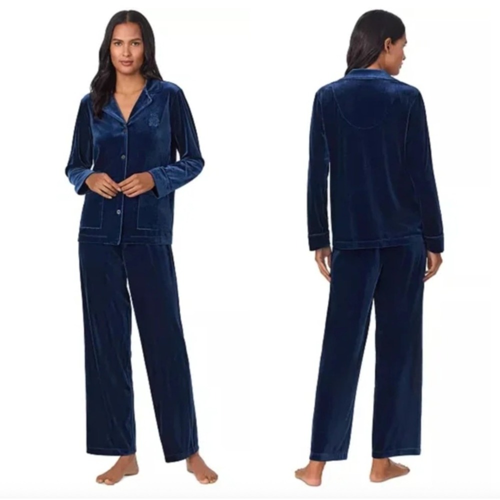 Lauren Ralph Lauren Dark Blue Velour Velvet 2 Piece Pajama Set Small